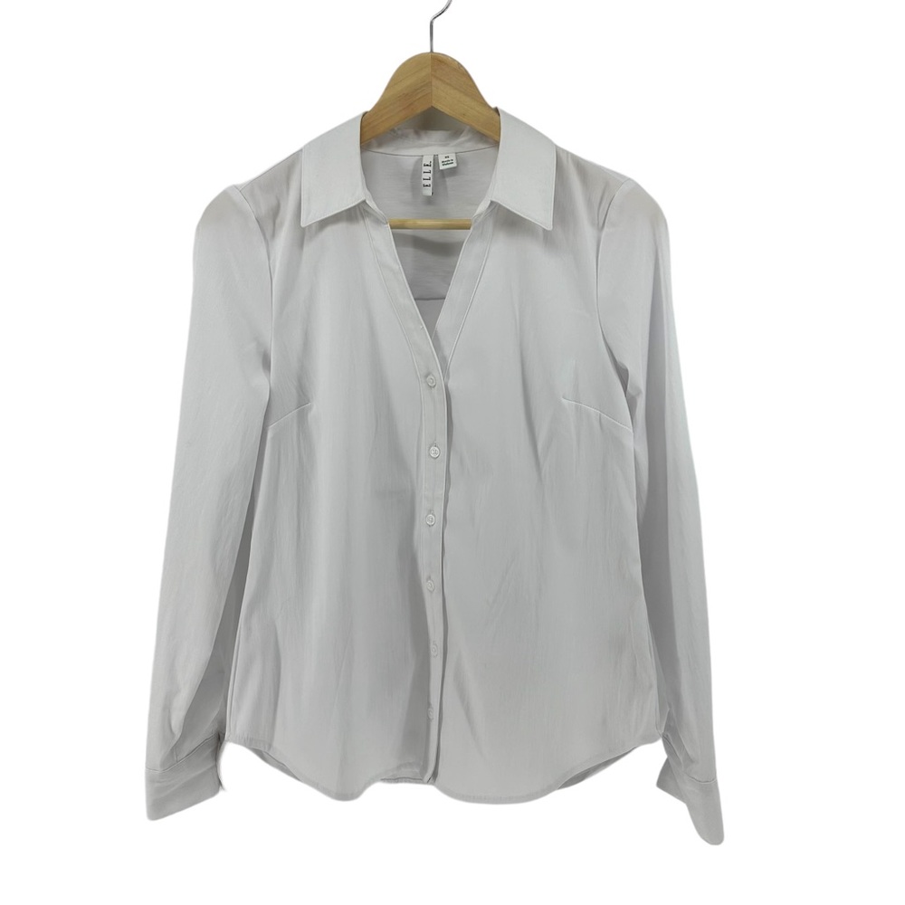 ELLE Modern White Button Down Top with Roll Tab Sleeves